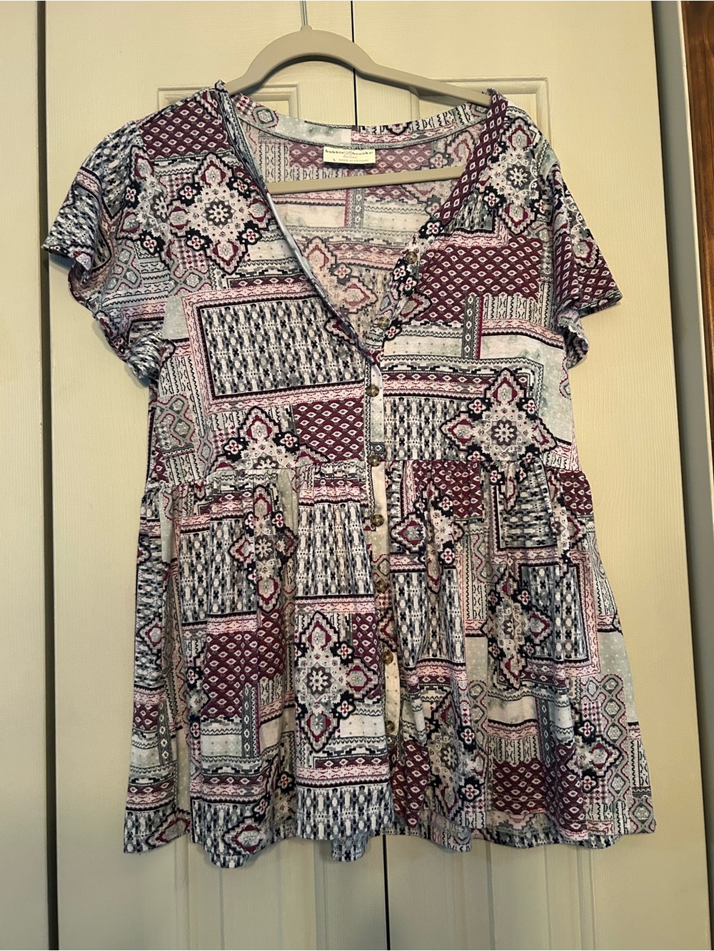 Bobbie Brooks Patchwork Peplum Tunic Top - Mauve, Gray, White